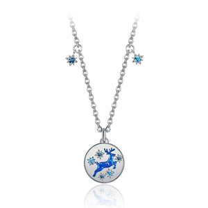 Christmas Elk Pendant with Blue Austrian Element Crystal and Necklace