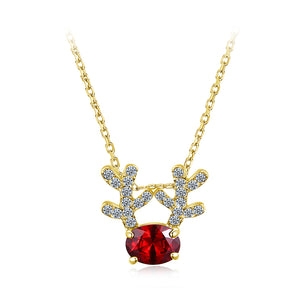 Christmas Deer Pendant with Red Austrian Element Crystal and Necklace
