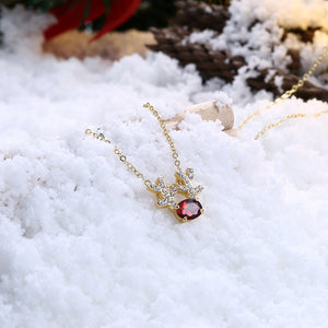 Christmas Deer Pendant with Red Austrian Element Crystal and Necklace
