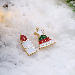 Christmas Tree and Candle Asymmetric Earrings