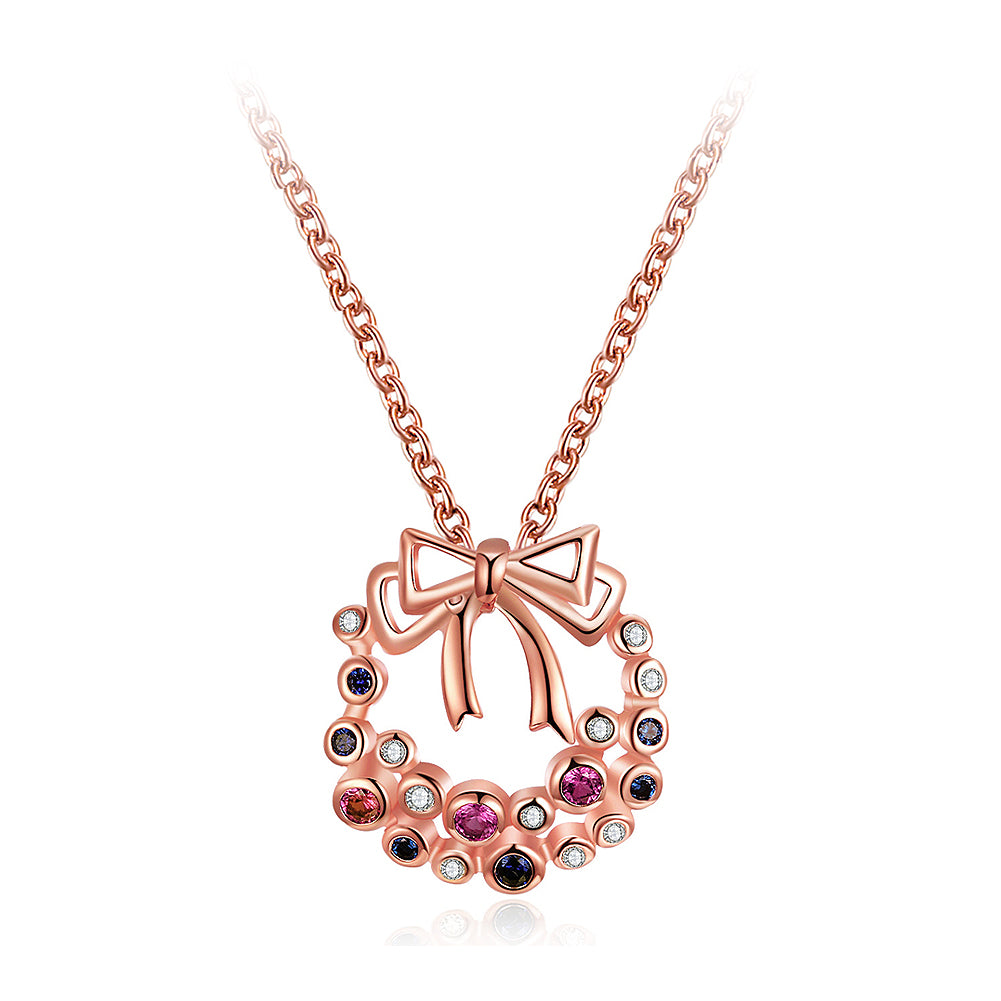 Plated Rose Gold Bow Pendant with Colorful Austrian Element Crystal and Necklace