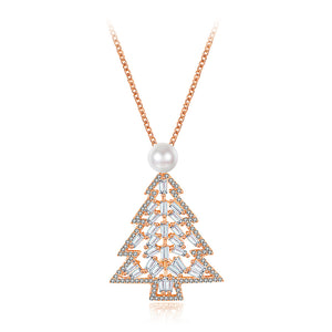 Plated Rose Gold Christmas Tree Pendant with Austrian Element Crystals and Fashion Pearl and Necklace