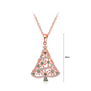 Plated Rose Gold Christmas Tree Pendant with Green Austrian Element Crystal and Necklace