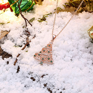 Plated Rose Gold Christmas Tree Pendant with Green Austrian Element Crystal and Necklace