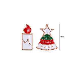 Plated Rose Gold Christmas Tree and Candle Asymmetric Stud Earrings