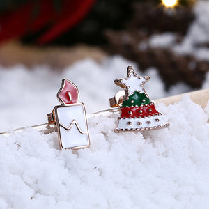 Plated Rose Gold Christmas Tree and Candle Asymmetric Stud Earrings