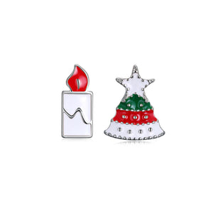 Simple Christmas Tree and Candle Asymmetric Stud Earrings
