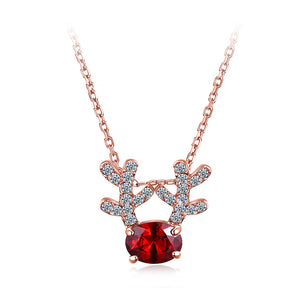 Plated Rose Gold Deer Pendant with Red Austrian Element Crystal and Necklace