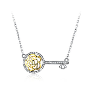 925 Sterling Silver Key Necklace with Austrian Element Crystal and Necklace