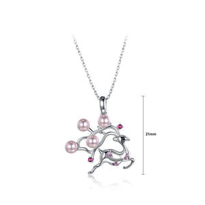 925 Sterling Silver Sika Deer Pendant  with Pink Pearl and Necklace