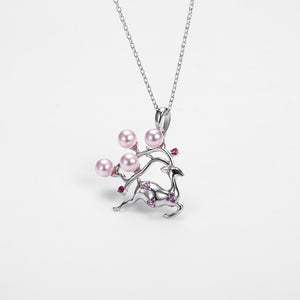925 Sterling Silver Sika Deer Pendant  with Pink Pearl and Necklace