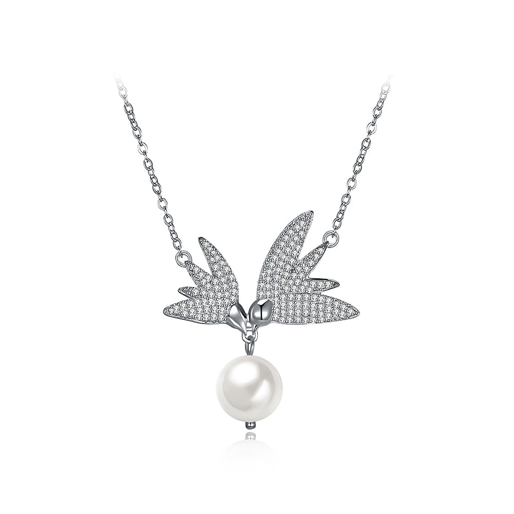 925 Sterling Silver Swallow Necklace In with Pearl and Austrian Element Crystal and Necklace
