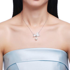 925 Sterling Silver Swallow Necklace In with Pearl and Austrian Element Crystal and Necklace