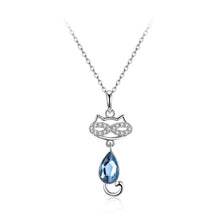 Load image into Gallery viewer, 925 Sterling Silver Cat Pendant with Blue Austrian Element Crystal and Necklace - Glamorousky