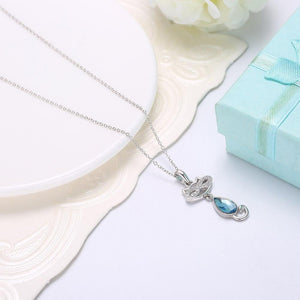 925 Sterling Silver Cat Pendant with Blue Austrian Element Crystal and Necklace - Glamorousky