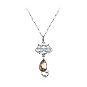 925 Sterling Silver Cat Pendant with Champagne Gold Austrian Element Crystal and Necklace - Glamorousky