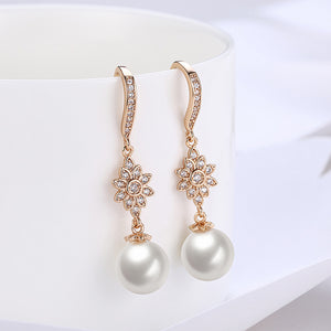 Elegant Golden Flower Earrings with Fashion Pearls and Austrian Element Crystals(undefine)