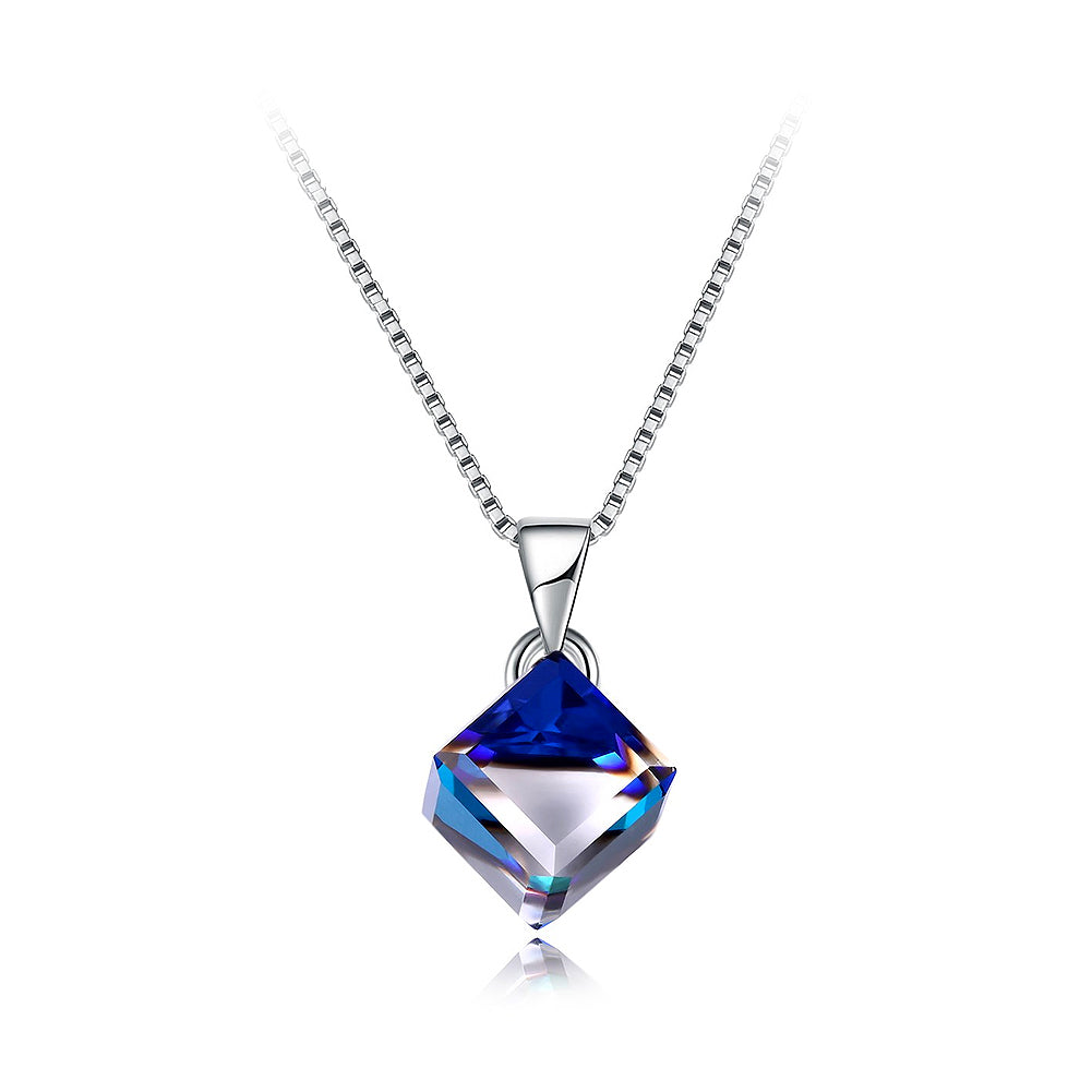 925 Sterling Silver Diamond Pendant with Blue Austrian Element Crystal and Necklace