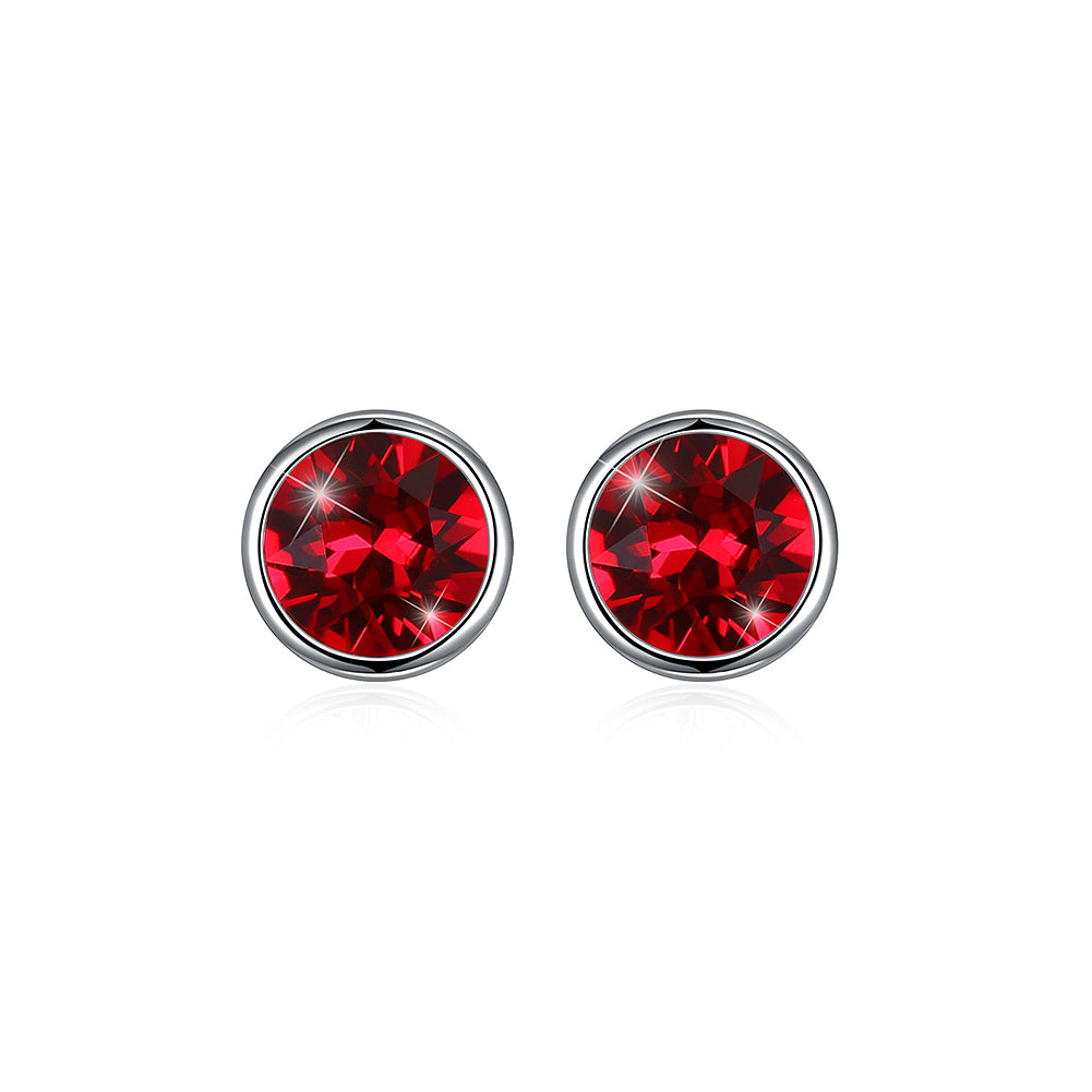 925 Sterling Silver Simple Round Stud Earrings with Red Austrian Element Crystal