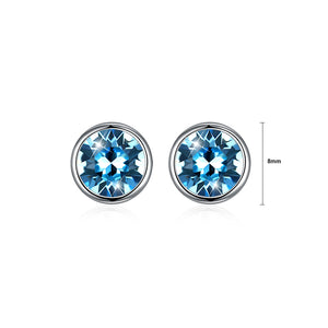 925 Sterling Silver Simple Round Stud Earrings with Blue Austrian Element Crystal
