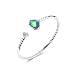 925 Sterling Silver Scalloped Bangle with Blue Austrian Element Crystal - Glamorousky