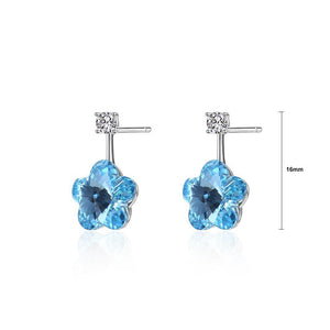 925 Sterling Silver Flower Earrings with Blue Austrian Element Crystal - Glamorousky