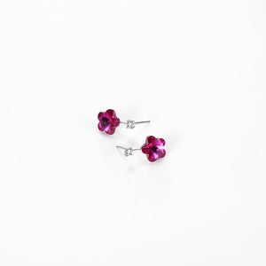 925 Sterling Silver Flower Earrings with Rose Red Austrian Element Crystal - Glamorousky