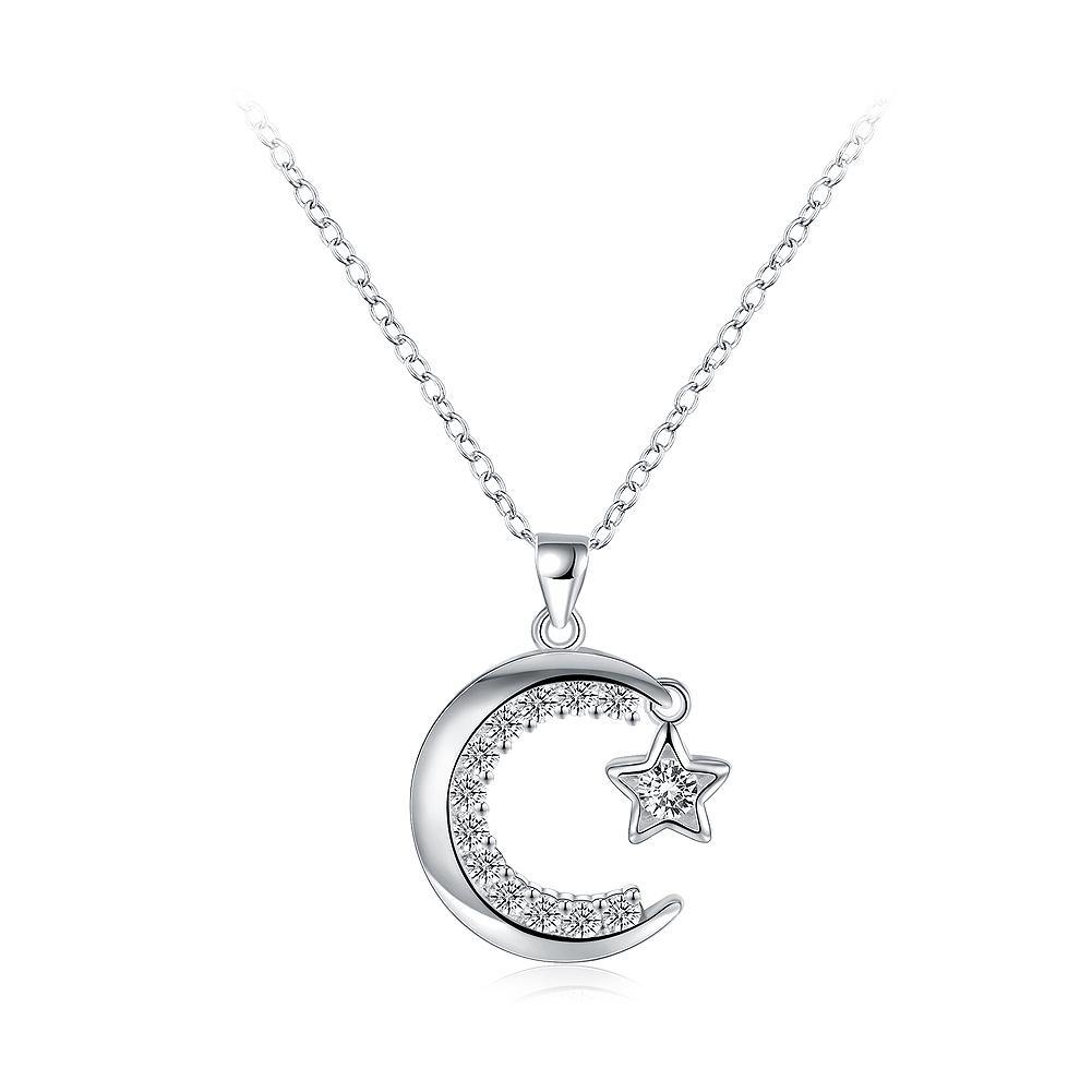 Bright Moon and Star Pendant with Cubic Zircon and Necklace - Glamorousky