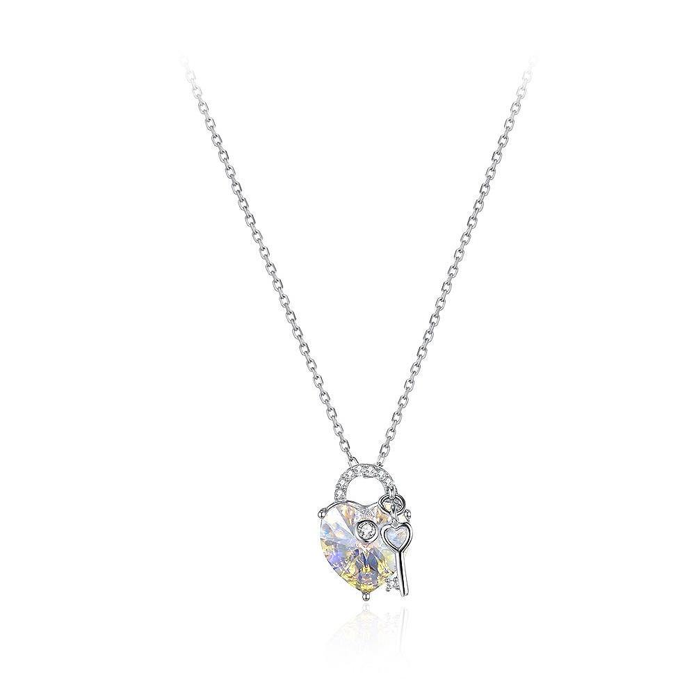 925 Sterling Silver Heart Shape and Key Pendant Necklace with Austrian Element Crystal - Glamorousky