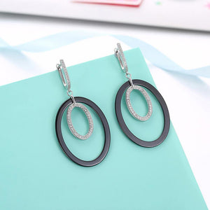 925 Sterling Silver Fashion Oval Earrings with Black Ceramic and Crystal - Glamorousky