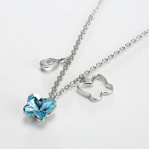 925 Sterling Silver Butterfly Pendant with Blue Austrian Element Crystal and Necklace - Glamorousky