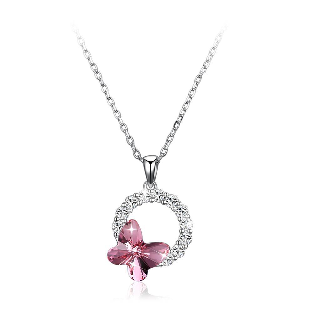 925 Sterling Silver Elegant Pink Butterfly Pendant with Austrian Element Crystal and Necklace - Glamorousky