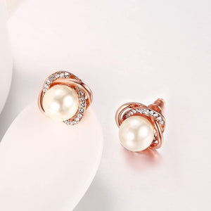 Elegant Fashion Flower Rose Gold Plated Earrings with White Pearl - Glamorousky