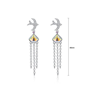 925 Sterling Silver Cute Little Swallow Tassel Earrings with Color Austrian Element Crystal - Glamorousky