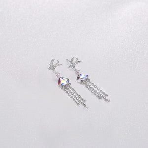 925 Sterling Silver Cute Little Swallow Tassel Earrings with Color Austrian Element Crystal - Glamorousky