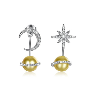 925 Sterling Silver  Fashion Sparkling  Planet Stars and Moon Earrings with Golden Pearl and Austrian Element Crystal - Glamorousky