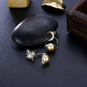 925 Sterling Silver Fashion Sparkling Starry Sky Stars and Moon Planet Earrings with Golden Pearl and Austrian Element Crystal - Glamorousky