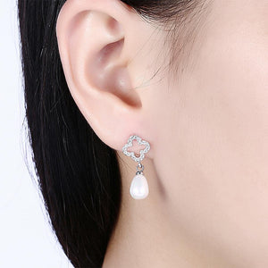 Elegant Fashion Flower and Water Drop Shape Pearl Earrings with Austrian Element Crystal - Glamorousky