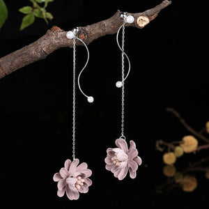 925 Sterling Silver Elegant Sweet and Romantic Pink Flower Long Tassel Earrings with Pearl - Glamorousky