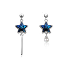 Load image into Gallery viewer, 925 Sterling Silver Fashion Elegant Star Asymmetric Tassel Earrings with Pearl and Blue Austrian Element Crystal - Glamorousky