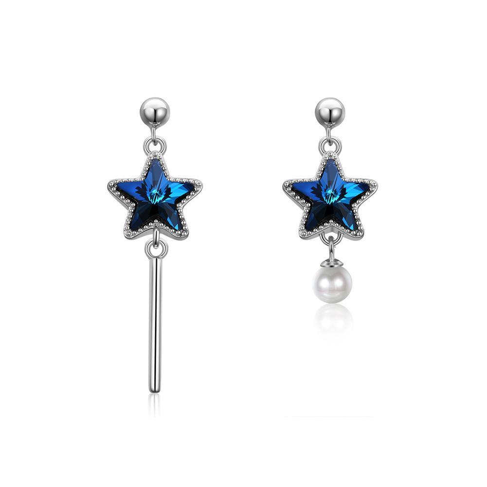 925 Sterling Silver Fashion Elegant Star Asymmetric Tassel Earrings with Pearl and Blue Austrian Element Crystal - Glamorousky
