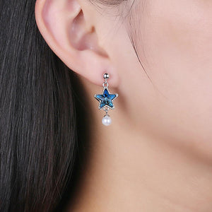 925 Sterling Silver Fashion Elegant Star Asymmetric Tassel Earrings with Pearl and Blue Austrian Element Crystal - Glamorousky