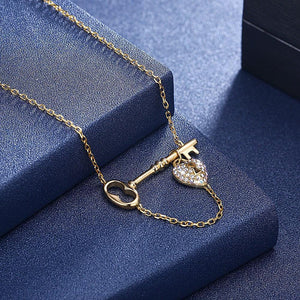 925 Sterling Silver Gold Plated Elegant Fashion Heart Lock and Key Necklace with Austrian Element Crystal - Glamorousky
