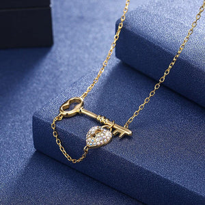 925 Sterling Silver Gold Plated Elegant Fashion Heart Lock and Key Necklace with Austrian Element Crystal - Glamorousky