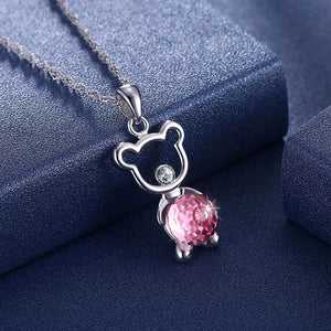 925 Sterling Silver Fashion Cute Little Bear Pendant Necklace  with Pink Austrian Element Crystal - Glamorousky