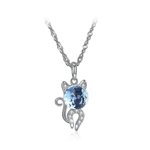 925 Sterling Silver Fashion Cute Little Cat Pendant Necklace with Blue Austrian Element Crystal - Glamorousky