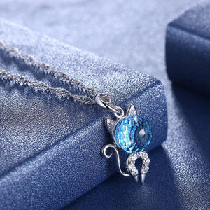 925 Sterling Silver Fashion Cute Little Cat Pendant Necklace with Blue Austrian Element Crystal - Glamorousky