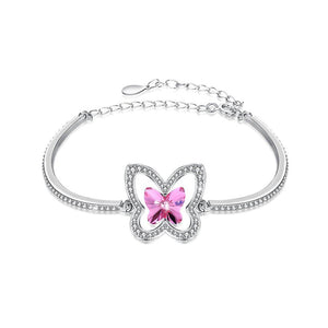 925 Sterling Silver Elegant Pink Butterfly Bracelet with Austrian Element Crystal - Glamorousky
