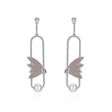 Load image into Gallery viewer, 925 Sterling Silver Elegant Delicate Fashion Bird Little Swallow Pearl Earrings with Champagne Austrian Element Crystal - Glamorousky