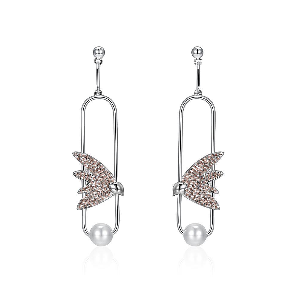 925 Sterling Silver Elegant Delicate Fashion Bird Little Swallow Pearl Earrings with Champagne Austrian Element Crystal - Glamorousky